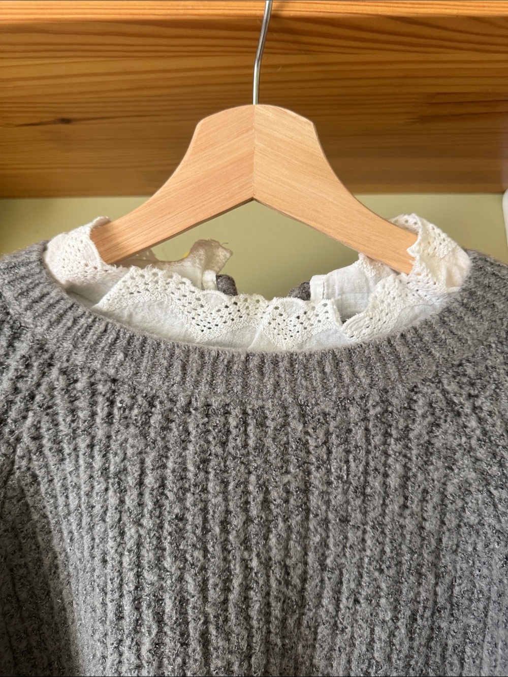 Gray Knit Crewneck Sweater with Lace Trim - Picture 4 of 6